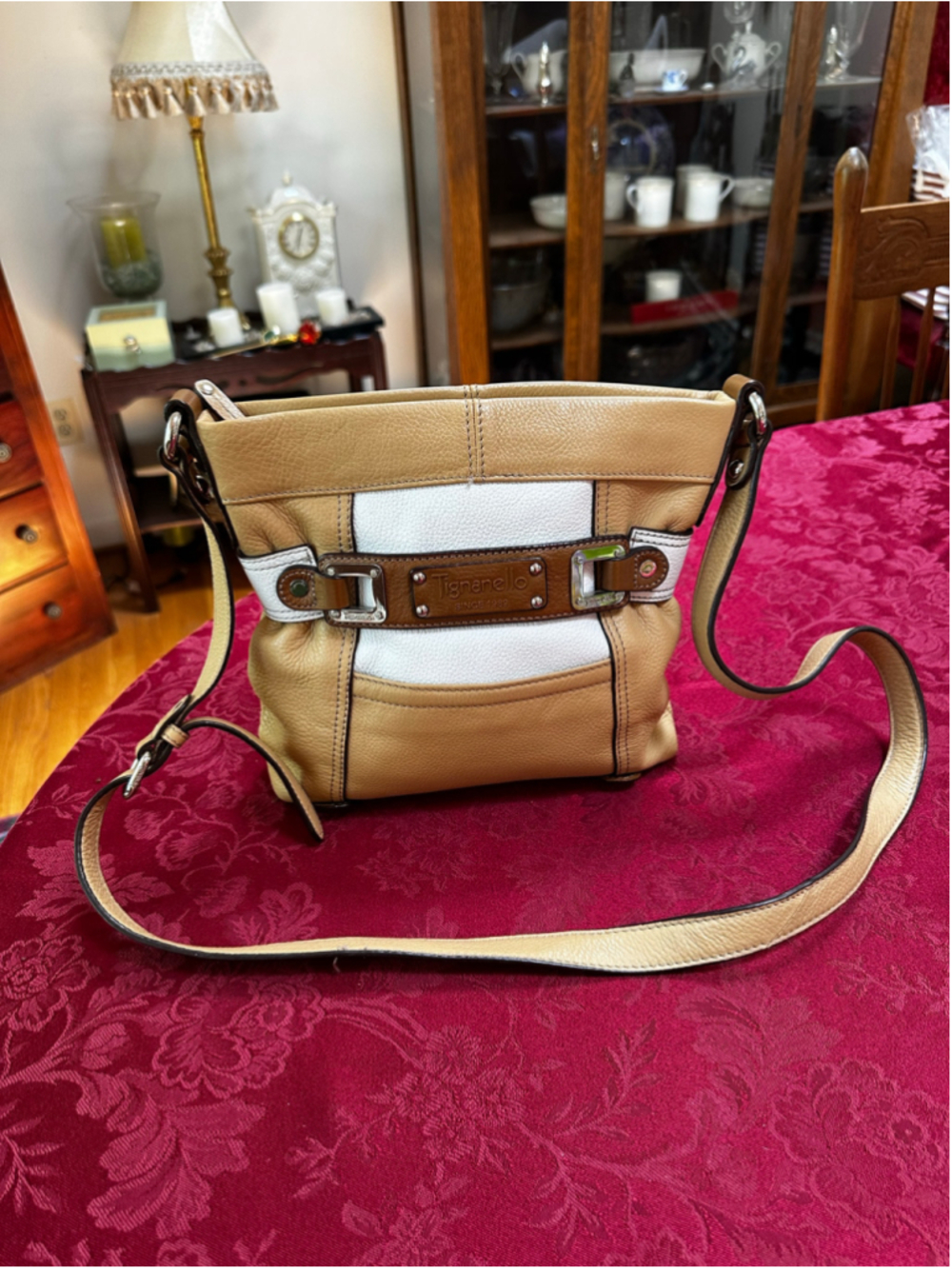 Tignanello Tan & White Leather Crossbody Bag